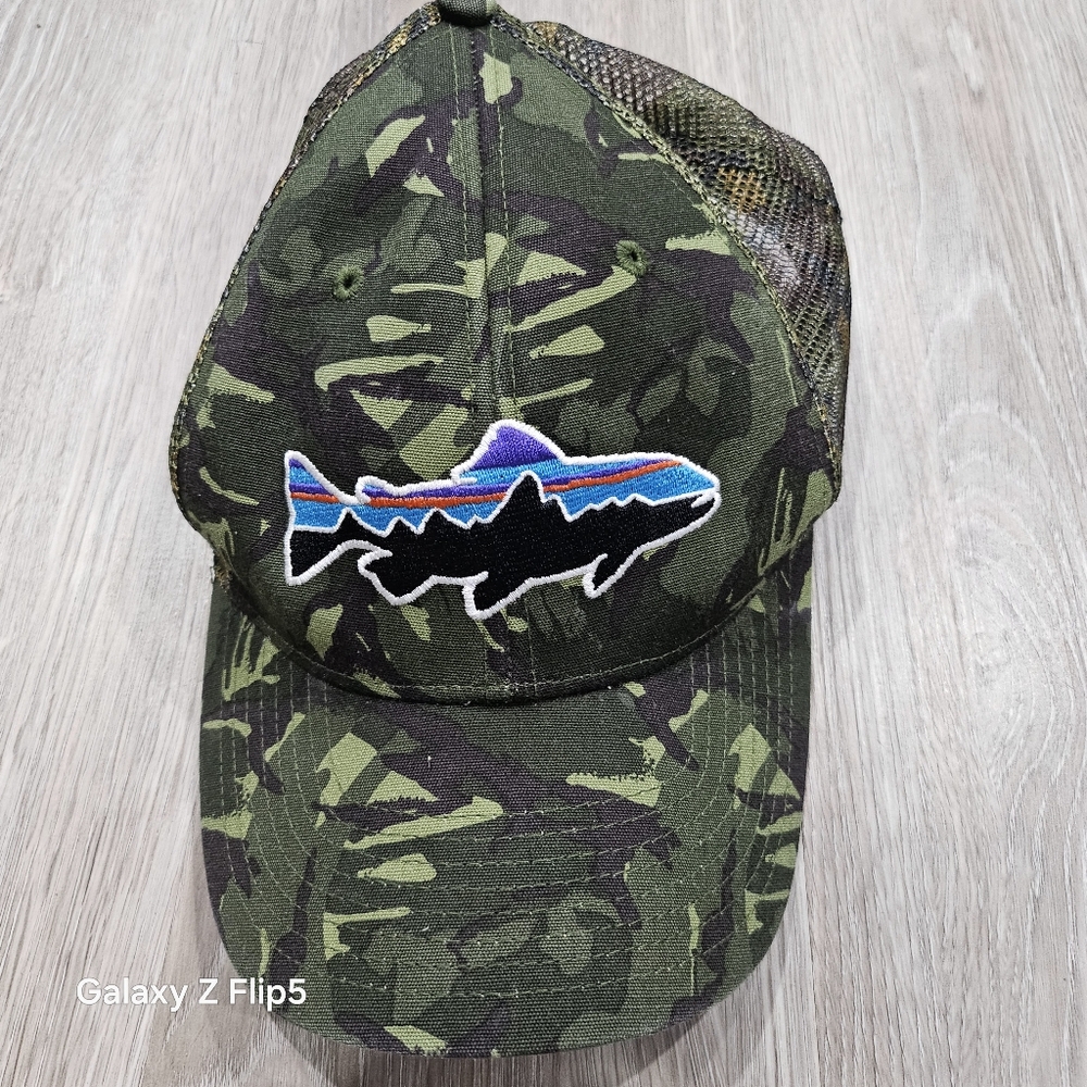 Patagonia Camouflage Trucker Hat with Fish Patch